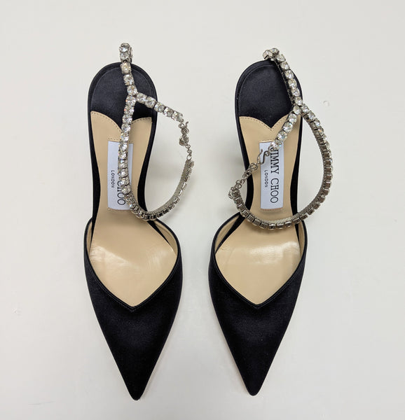 Jimmy Choo Navy Satin Saeda 100 Rhinestone Ankle Strap Evening Shoes New in Box Heels Sale