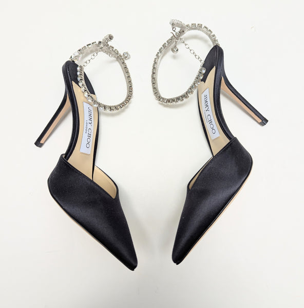 Jimmy Choo Navy Satin Saeda 100 Rhinestone Ankle Strap Evening Shoes New in Box Heels Sale