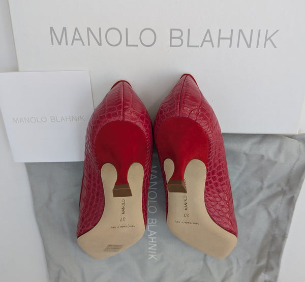 Manolo Blahnik Maysale 50 Embossed Croc Bright Red Leather Kitten Heels New