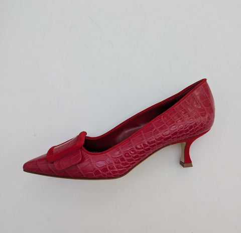 Manolo Blahnik Maysale 50 Embossed Croc Bright Red Leather Kitten Heels New