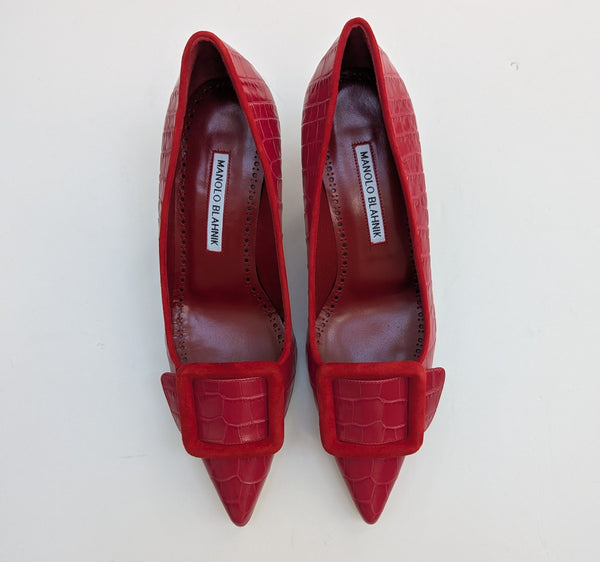 Manolo Blahnik Maysale 50 Embossed Croc Bright Red Leather Kitten Heels New
