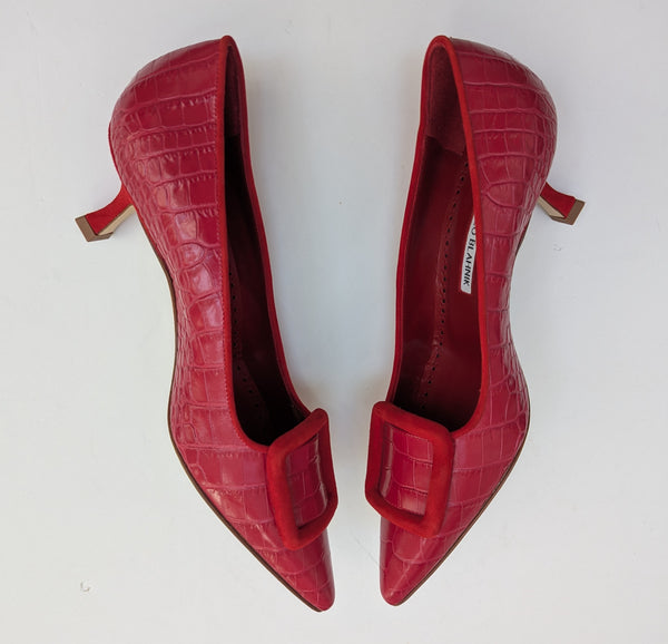 Manolo Blahnik Maysale 50 Embossed Croc Bright Red Leather Kitten Heels New