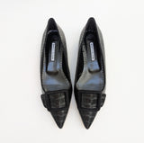 Manolo Blahnik Croc Embossed Black Leather Maysale Flats Buckle Shoes New in Box