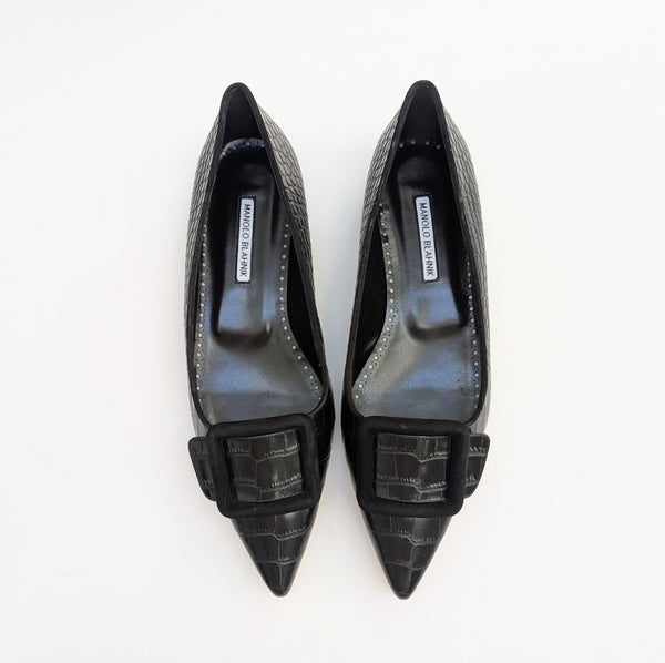 Manolo Blahnik Croc Embossed Black Leather Maysale Flats Buckle Shoes New in Box