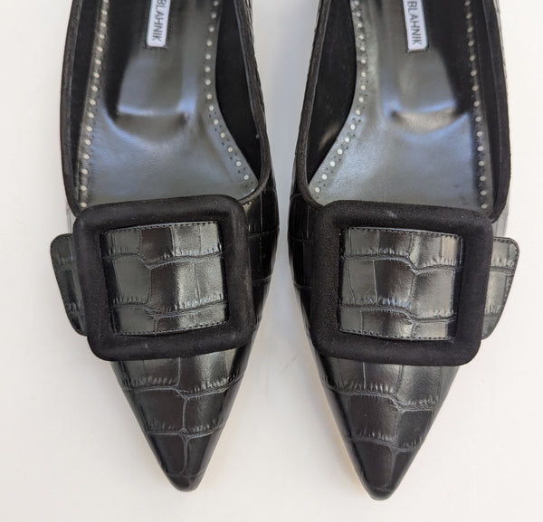 Manolo Blahnik Croc Embossed Black Leather Maysale Flats Buckle Shoes New in Box