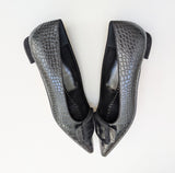 Manolo Blahnik Croc Embossed Black Leather Maysale Flats Buckle Shoes New in Box