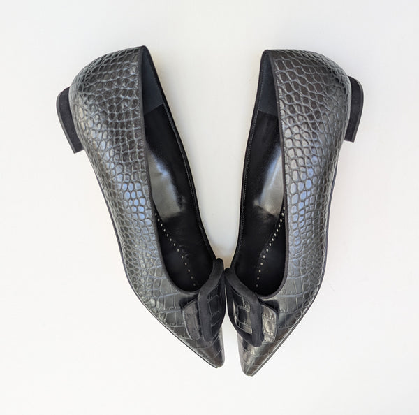 Manolo Blahnik Croc Embossed Black Leather Maysale Flats Buckle Shoes New in Box