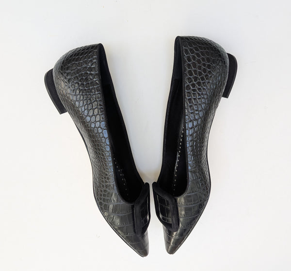 Manolo Blahnik Croc Embossed Black Leather Maysale Flats Buckle Shoes New in Box