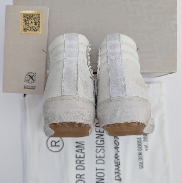 Golden Goose Slide Classic Embellished Distressed GlitteredLleather and Suede High Top Sneakers New in Box Discount