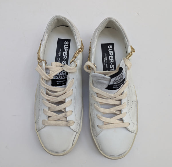 Golden Goose Superstar Chain Embellished White Leather Sneakers New in Box Discount Super Star