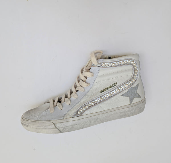 Golden Goose Slide Classic Embellished Distressed GlitteredLleather and Suede High Top Sneakers New in Box Discount