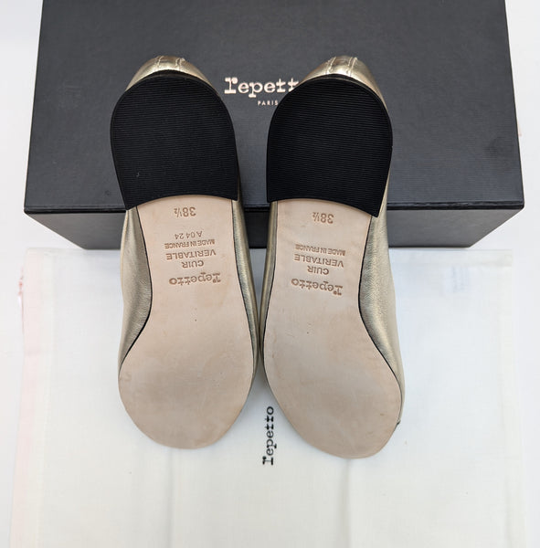 Repetto Flora Ballet Flats in Pale Gold Leather with Black Patent Cap Toe New in Bow