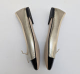 Repetto Flora Ballet Flats in Pale Gold Leather with Black Patent Cap Toe New in Bow