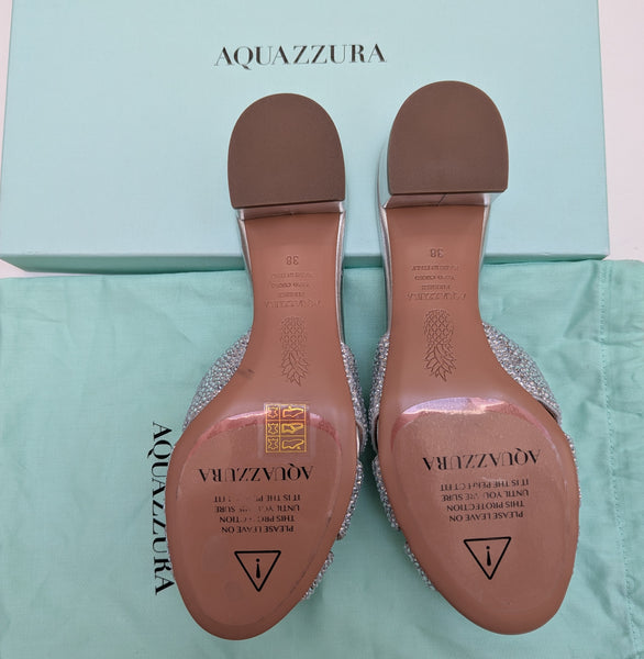 Aquazzura Italian Flirt 35 Crystal Embellished Silver Leather Sandals New in Box Slides