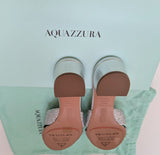 Aquazzura Italian Flirt 35 Crystal Embellished Silver Leather Sandals New in Box Slides