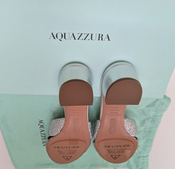 Aquazzura Italian Flirt 35 Crystal Embellished Silver Leather Sandals New in Box Slides