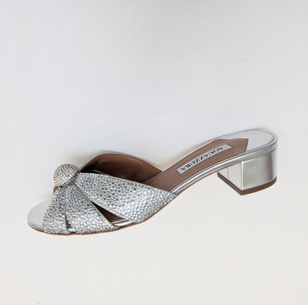 Aquazzura Italian Flirt 35 Crystal Embellished Silver Leather Sandals New in Box Slides