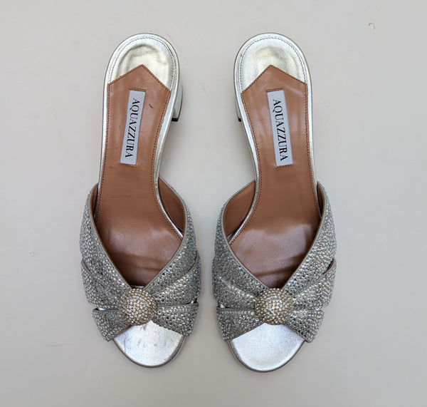 Aquazzura Italian Flirt 35 Crystal Embellished Silver Leather Sandals New in Box Slides