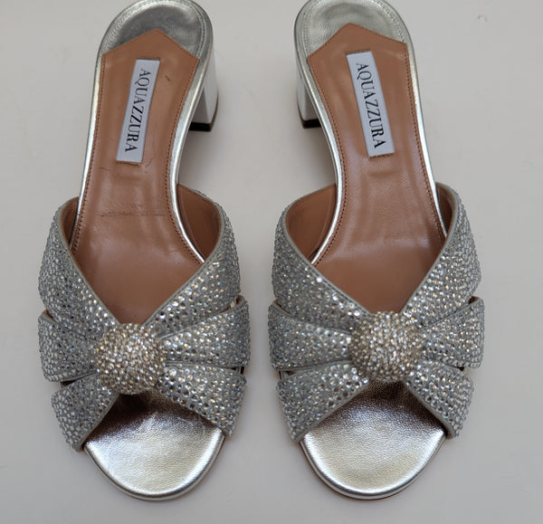 Aquazzura Italian Flirt 35 Crystal Embellished Silver Leather Sandals New in Box Slides