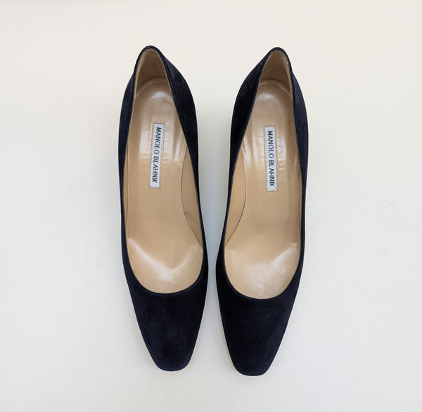 Manolo Blahnik Okkatopla 50 Navy Dark Blue Suede Block Heels New in Box
