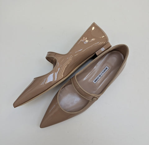 Manolo Blahnik Campariflat Dark Nude Patent Leather Mary Jane Flats New in Box