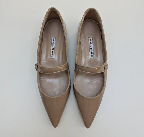 Manolo Blahnik Campariflat Dark Nude Patent Leather Mary Jane Flats New in Box