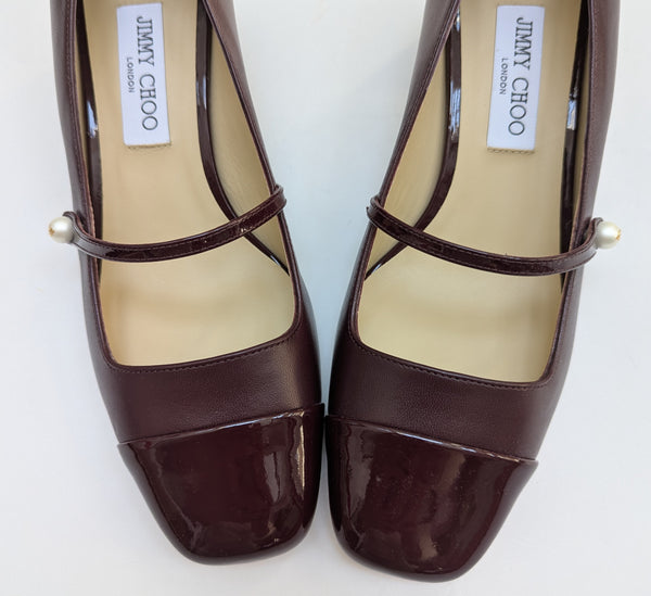 Jimmy Choo Elisa 45 Garnet Leather Mary Janes with Block Heels New in Box