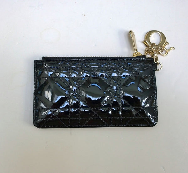 Dior Black Patent Card Wallet Lady Dior Letter Charm New in Box