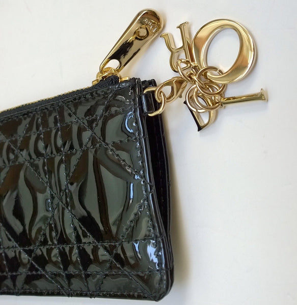Dior Black Patent Card Wallet Lady Dior Letter Charm New in Box