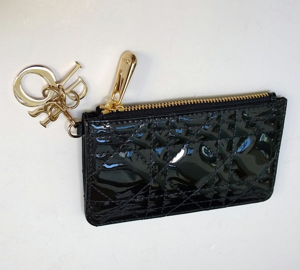 Dior Black Patent Card Wallet Lady Dior Letter Charm New in Box