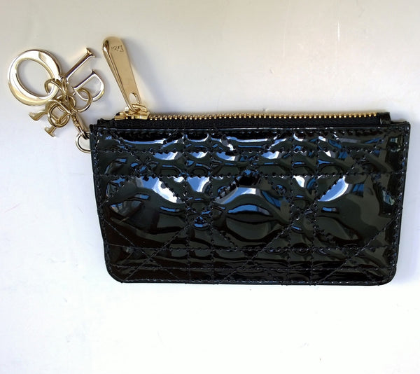 Dior Black Patent Card Wallet Lady Dior Letter Charm New in Box