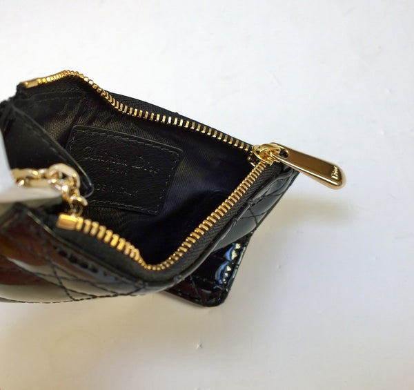 Dior Black Patent Card Wallet Lady Dior Letter Charm New in Box
