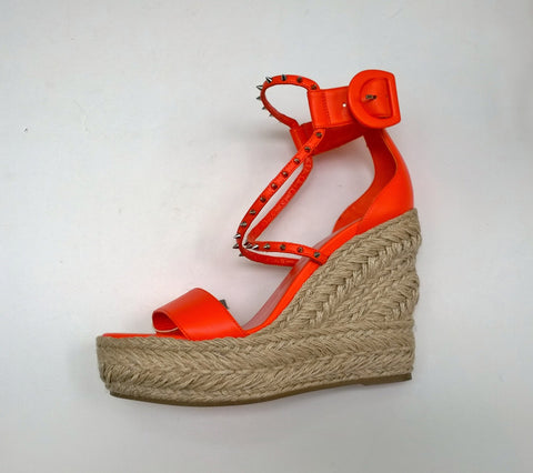 Christian Louboutin Chocazeppa 120 Orange Leather Espadrilles Wedge Heels New in Box