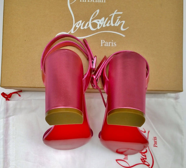 Christian Louboutin Miss Sabina 85 Metallic Pink Open Toe Ankle Strap Sandals New in Box Heels