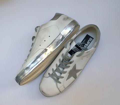 Golden Goose Superstar Sparkle White Silver Star Leather Sneakers New in Box