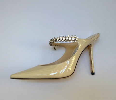 Jimmy Choo Bing 100 Linen Cream Patent Rhinestone Mules Heels