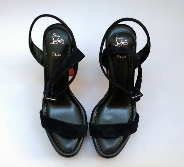 Christian Louboutin Movida Sabina 130 Black Suede Platform Sandals Ankle Strap Heels New in Box