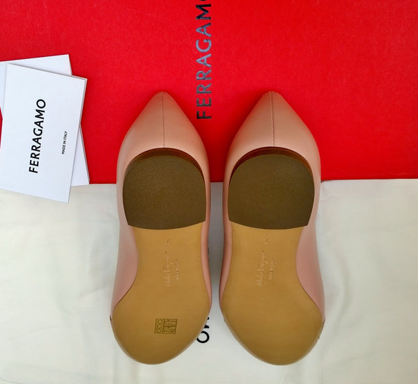 Ferragamo Varina Biscotto Rose Lamb Skin Bow Leather Flats New in Box Shoes