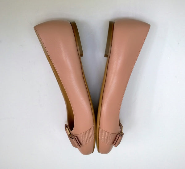 Ferragamo Varina Biscotto Rose Lamb Skin Bow Leather Flats New in Box Shoes
