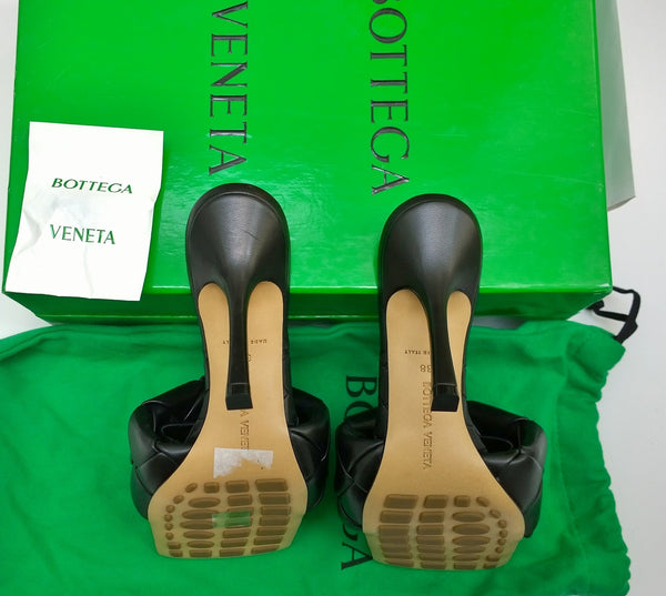 Bottega Veneta Lido Black Leather Slides Open Toe Heels New in Box Sandals