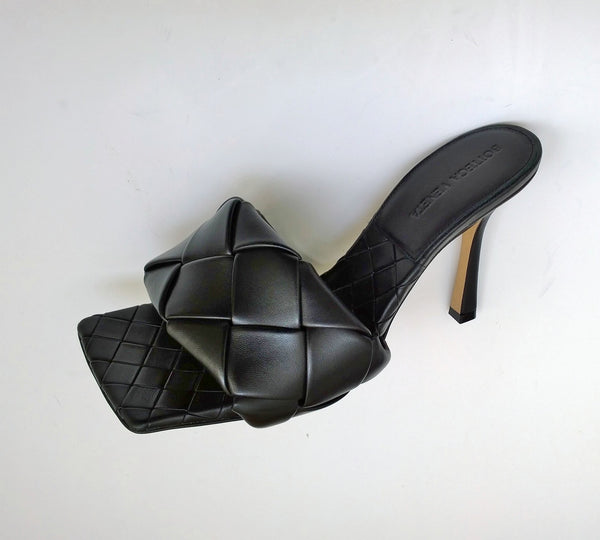 Bottega Veneta Lido Black Leather Slides Open Toe Heels New in Box Sandals