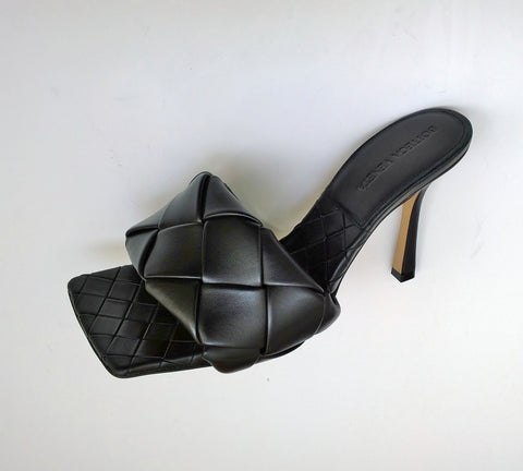 Bottega Veneta Lido Black Leather Slides Open Toe Heels New in Box Sandals