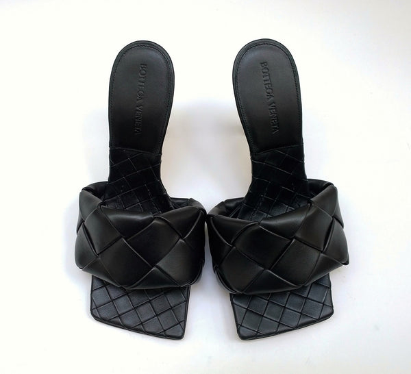 Bottega Veneta Lido Black Leather Slides Open Toe Heels New in Box Sandals