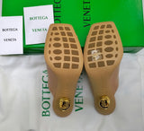 Bottega Veneta Cipria Beige Leather Knot Sandals with Metal Heels New in Box
