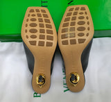 Bottega Veneta Knot Sandals Black Leather Heels with Gold Metal Heel Detail New in Box