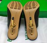 Bottega Veneta Knot Sandals Black Leather Heels with Gold Metal Heel Detail New in Box