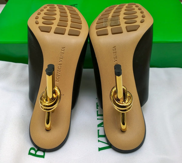 Bottega Veneta Knot Sandals Black Leather Heels with Gold Metal Heel Detail New in Box