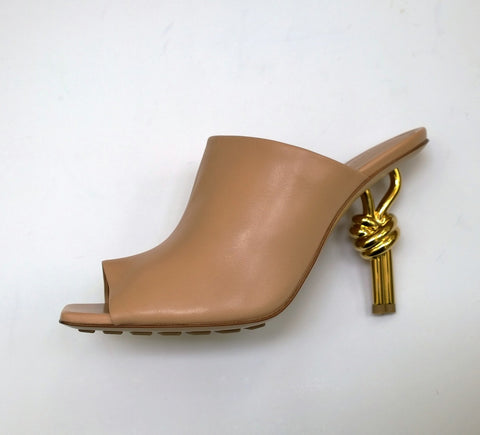 Bottega Veneta Cipria Beige Leather Knot Sandals with Metal Heels New in Box