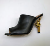 Bottega Veneta Knot Sandals Black Leather Heels with Gold Metal Heel Detail New in Box