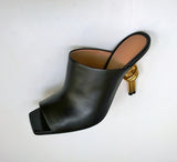 Bottega Veneta Knot Sandals Black Leather Heels with Gold Metal Heel Detail New in Box